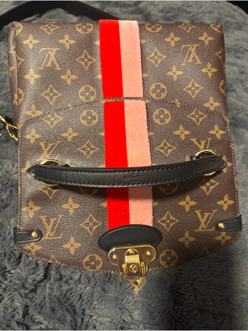 Louis Vuitton Brown Monogram Satchel with Red and Pink Center Stripe
